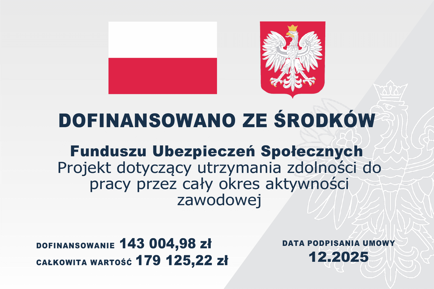 Tablica informacyjna: Dofinansowano ze środków Funduszu Ubezpieczeń Społecznych. Projekt dotyczący utrzymania zdolności do pracy przez cały okres aktywności zawodowej. Dofinansowanie 143 004,98 zł, całkowita wartość 179 125,22 zł, data podpisania umowy 12.2025. Tablica zawiera barwy Rzeczypospolitej Polskiej i godło Rzeczypospolitej Polskiej.